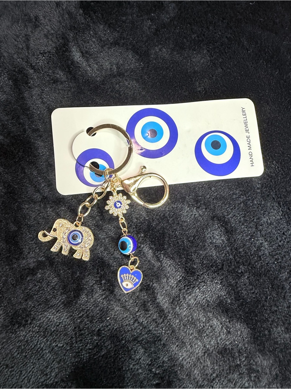 Gold Elephant Evil Eye Keychain with Blue Charms